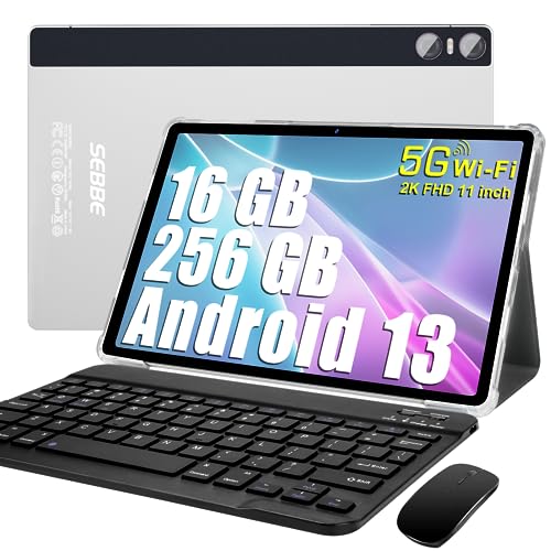 SEBBE Tablet 11 Pulgadas Android 13 Tablet PC Pantalla 2K 16GB RAM + 256GB ROM + TF 1TB, Tableta Octa-Core 2.0 GHz / 2000*1200 Pixels / 8MP+20MP / 10000 mAh / 5G WiFi, con Ratón Teclado Plata
